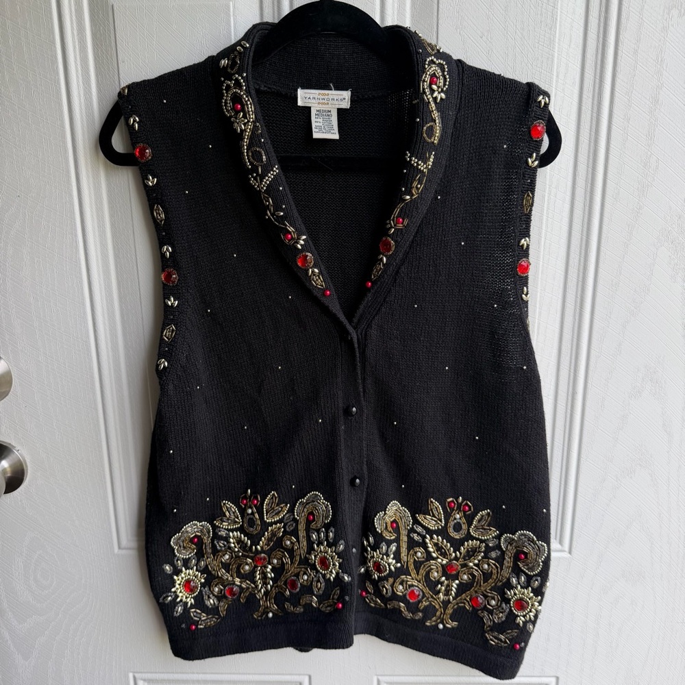 Embellished Vintage Grandma Black Beaded Vest with Red Accents Grannycore Size M